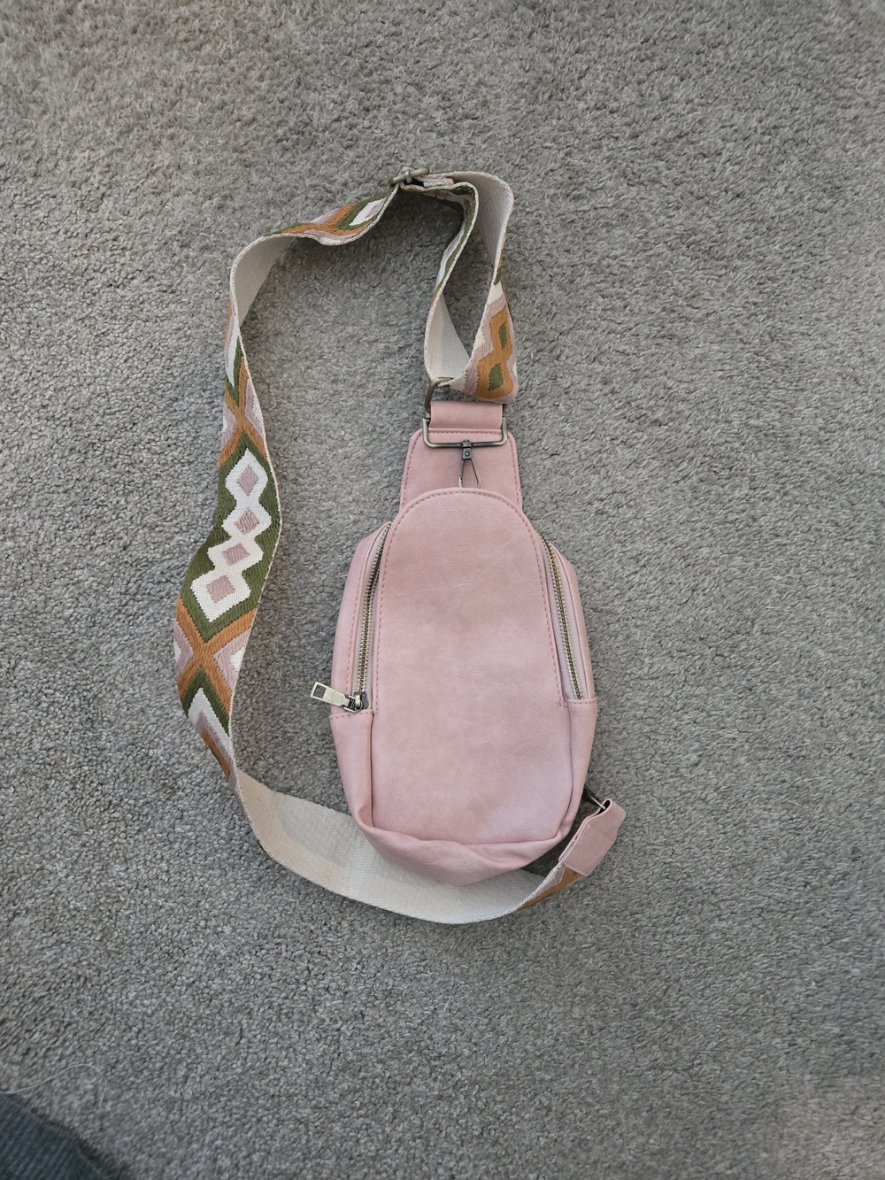Blush Pink Suede Crossbody Sling Bag with Patterned Strap